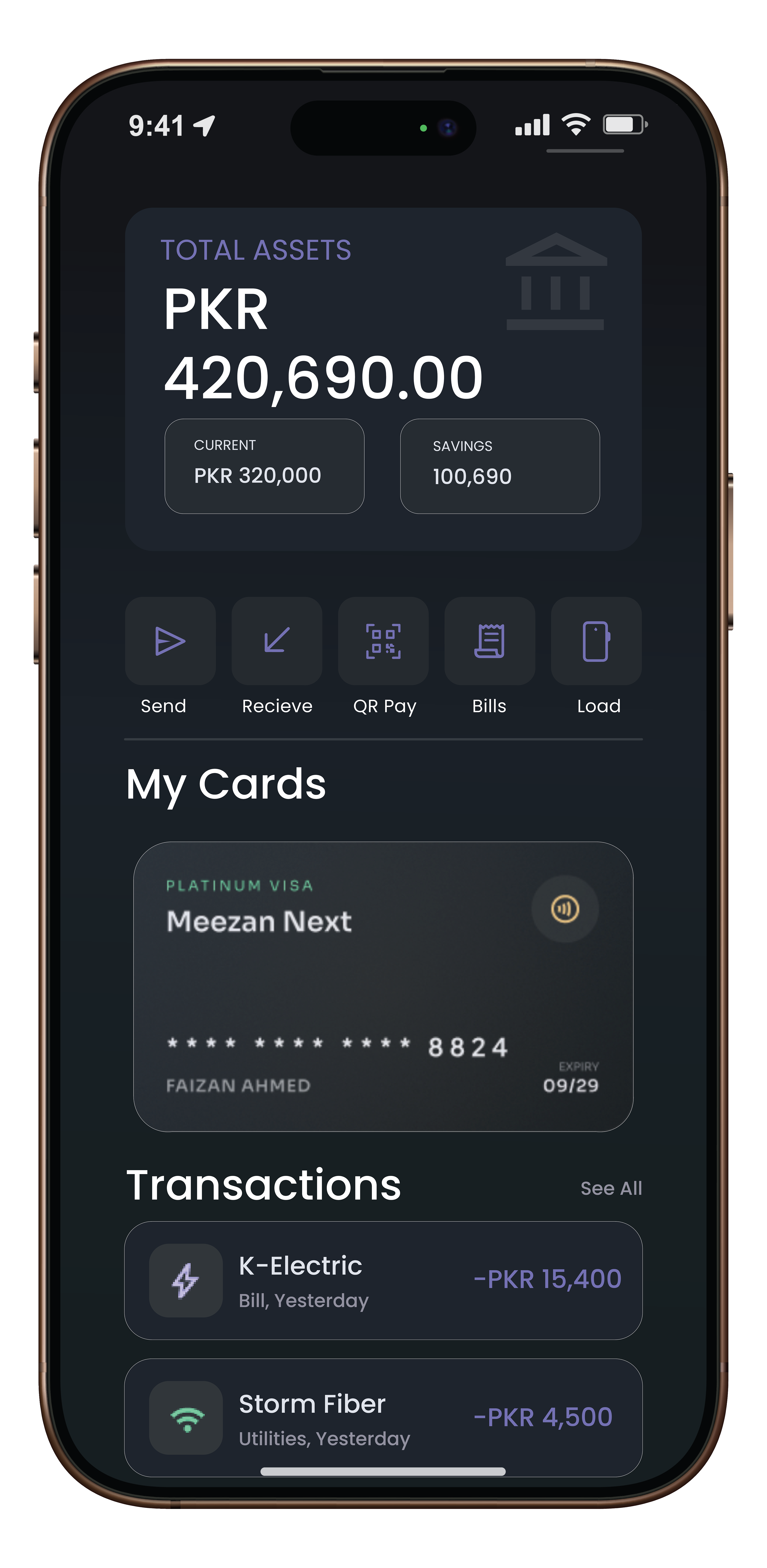 Detailed transaction history with high-contrast categories