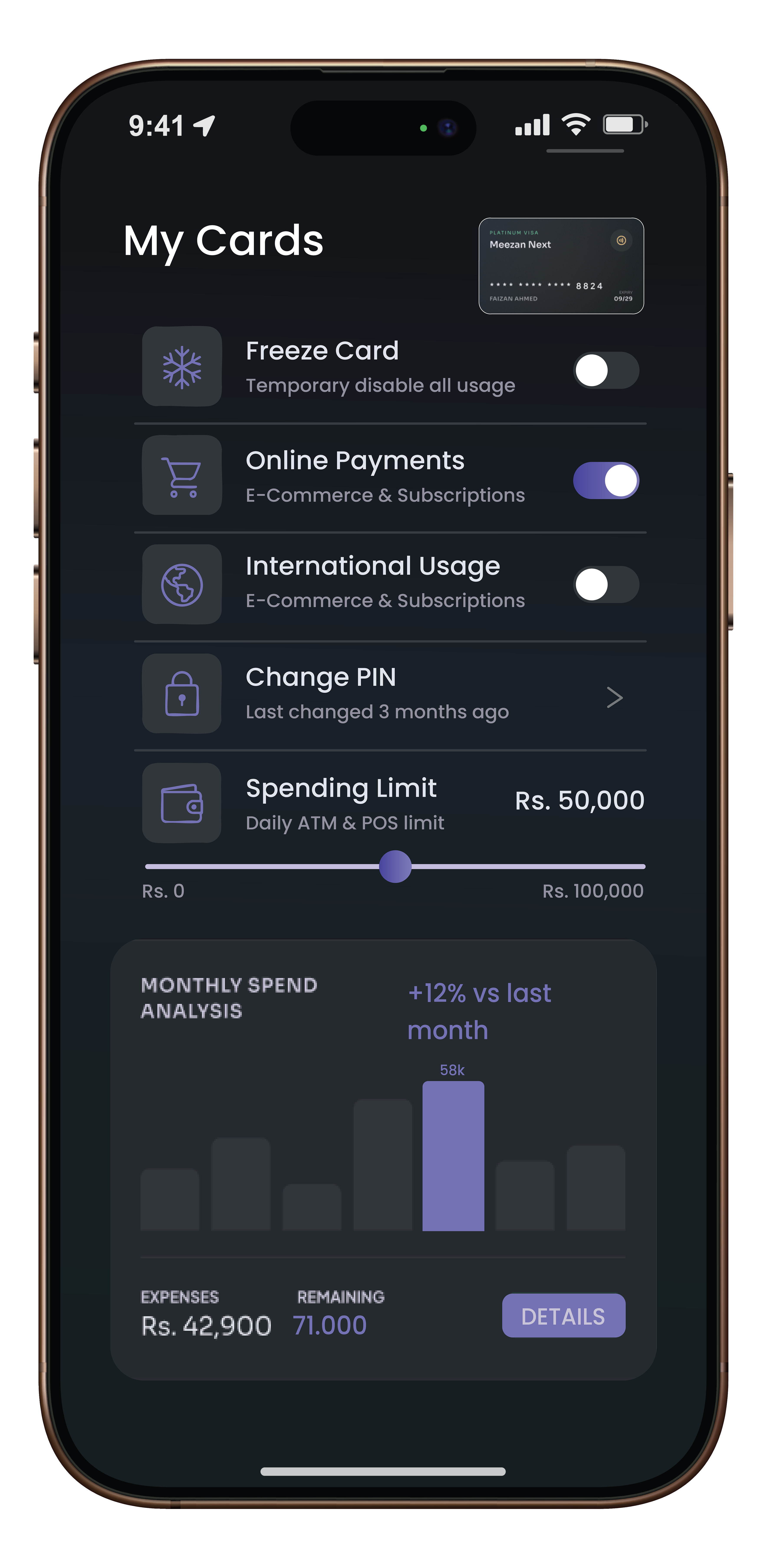 Card management and spending analytics screen